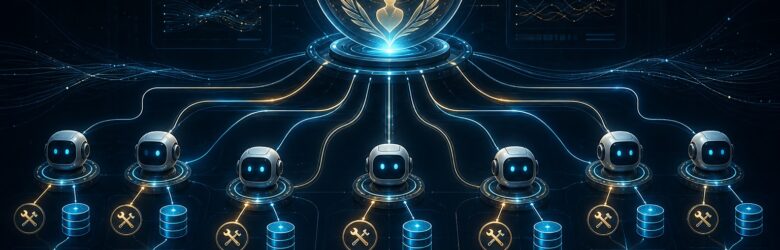 Conceptual illustration of an AI agent orchestration harness with a supervisor node overseeing worker agents