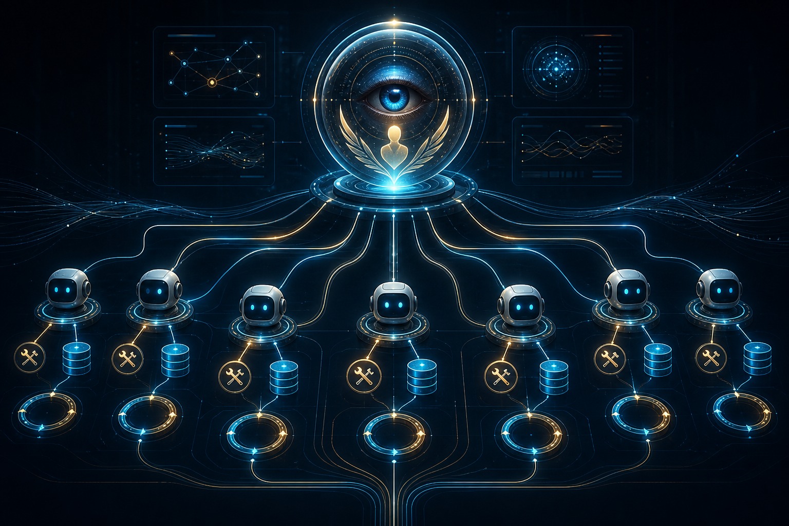 Conceptual illustration of an AI agent orchestration harness with a supervisor node overseeing worker agents