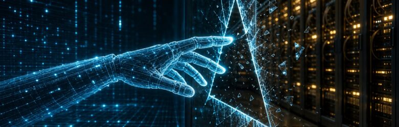 Conceptual illustration of an AI agent reaching from a virtual grid through a cracked barrier into a real server room