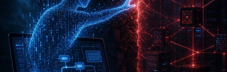 Conceptual illustration of an AI agent crossing from a laptop terminal toward servers, with a red warning glow at the boundary