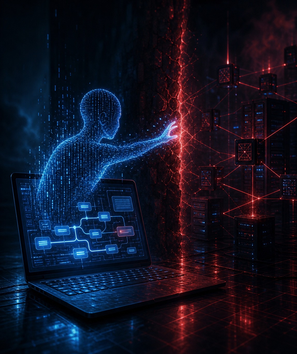 Conceptual illustration of an AI agent crossing from a laptop terminal toward servers, with a red warning glow at the boundary
