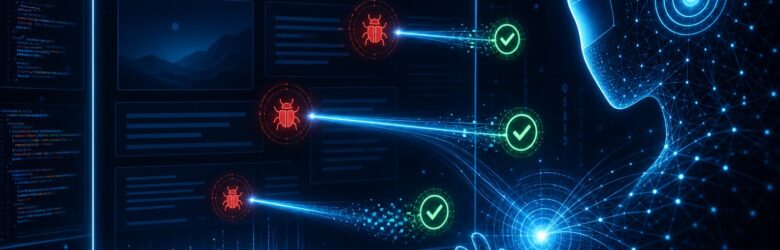 Conceptual illustration of AI scanning a web browser for security bugs