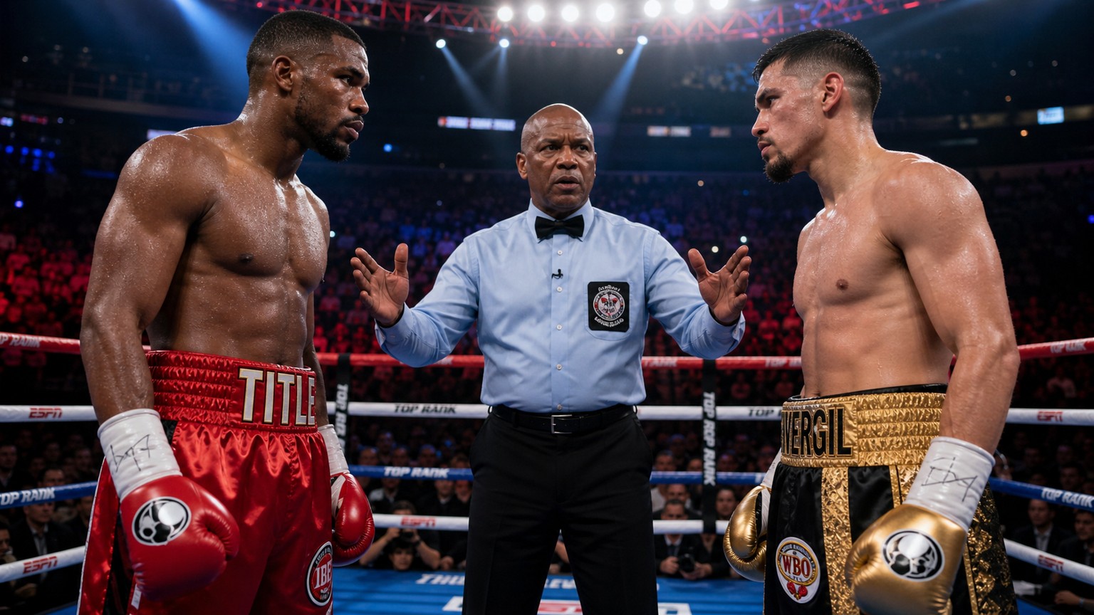 Rolly Romero and Teofimo Lopez face off in a boxing ring under bright lights, promotional fight-night scene