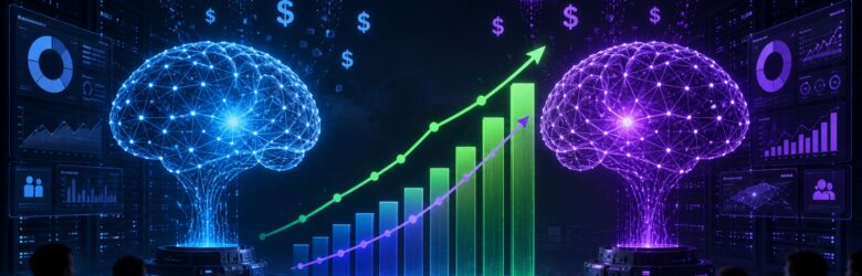 Neural network cores of two rival AI labs facing off across a market share chart