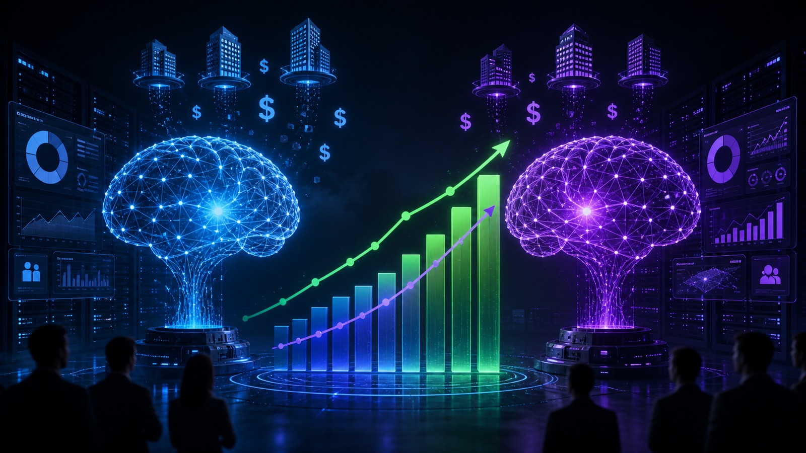 Enterprise AI market competition between two rival AI labs, with glowing neural network cores facing off across a market share chart