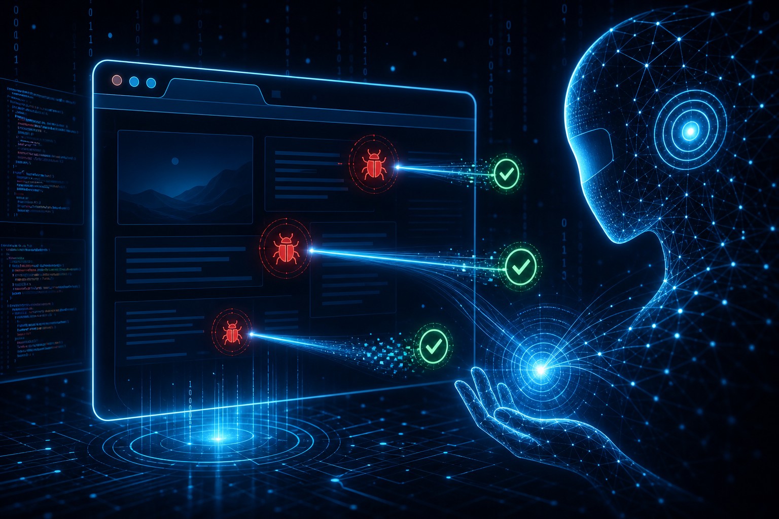Conceptual illustration of AI scanning a web browser for security bugs