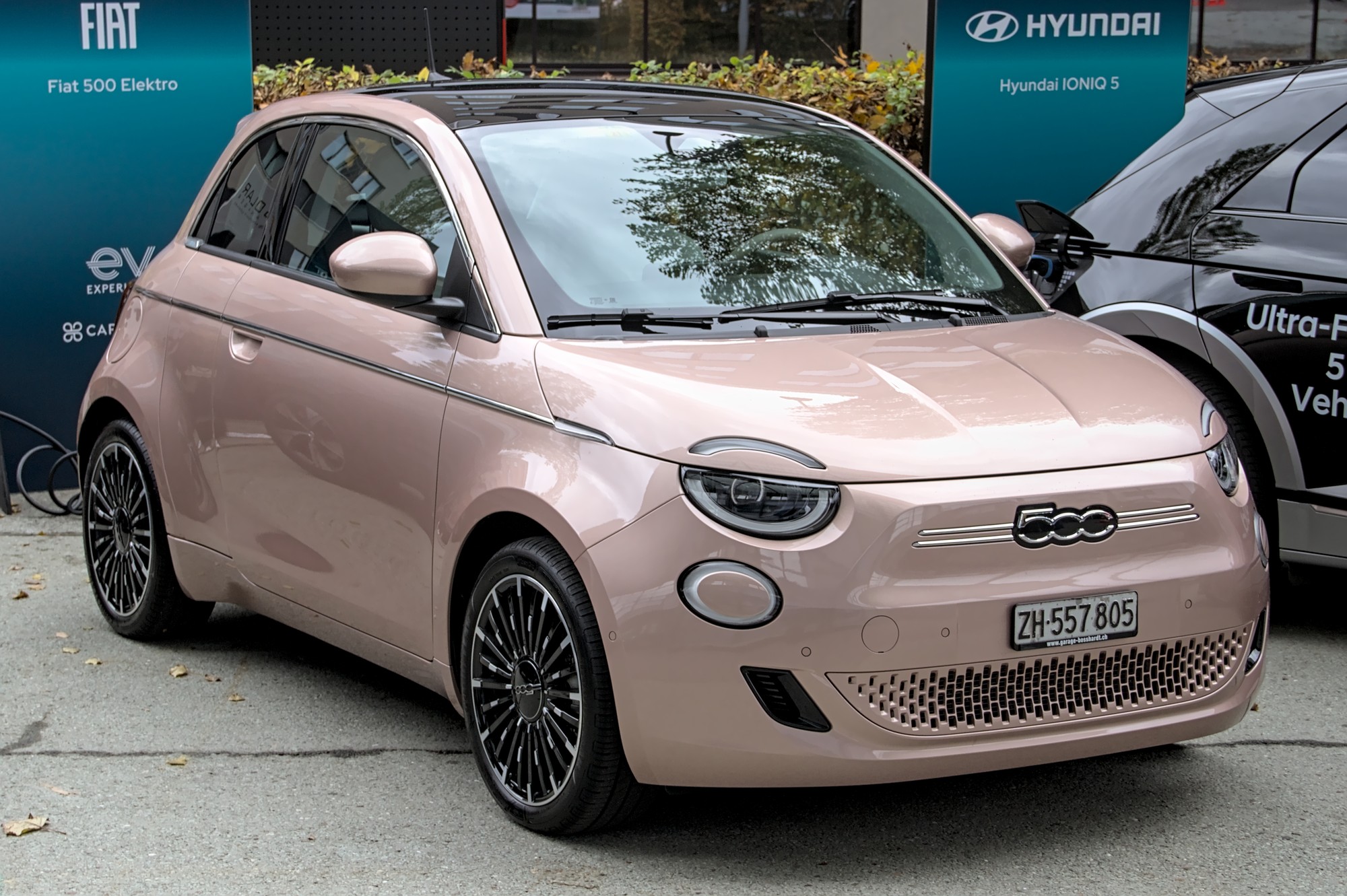 Fiat 500e compact electric city hatchback at an auto show