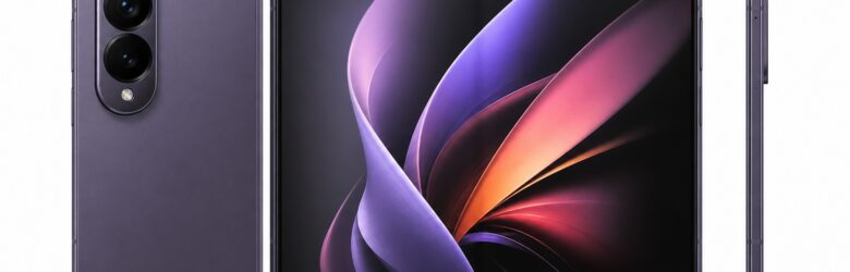 Samsung Galaxy Z Fold8 Ultra in Violet Shadow, unfolded showing its 8-inch inner display and triple camera module (AI-generated)
