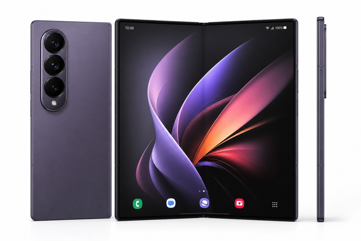 Samsung Galaxy Z Fold8 Ultra in Violet Shadow with its 8-inch inner display open and triple camera module visible