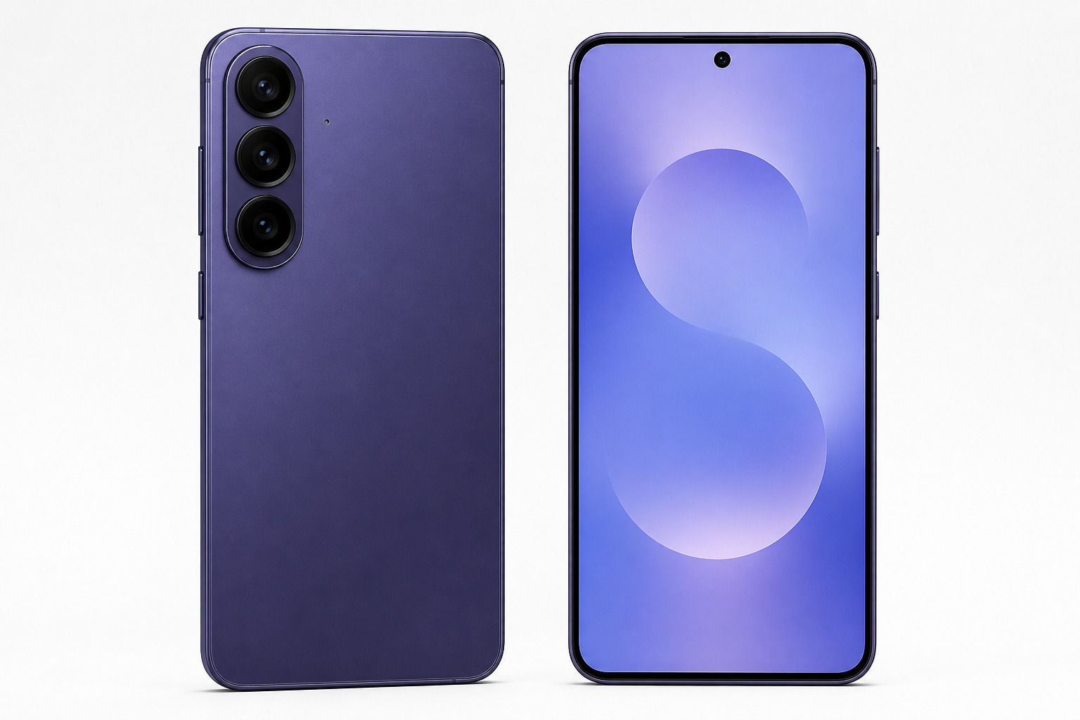 Samsung Galaxy S26 cobalt violet variant product shot showing its flat 6.3-inch display and single vertical camera bump with three lenses