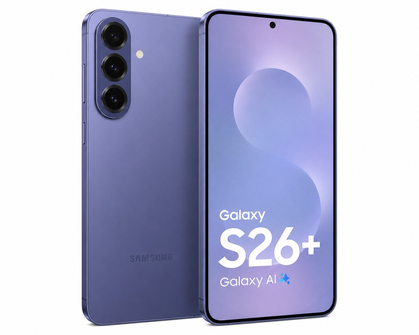 Samsung Galaxy S26+ in Cobalt Violet — 6.7-inch QHD+ display and vertical triple camera island