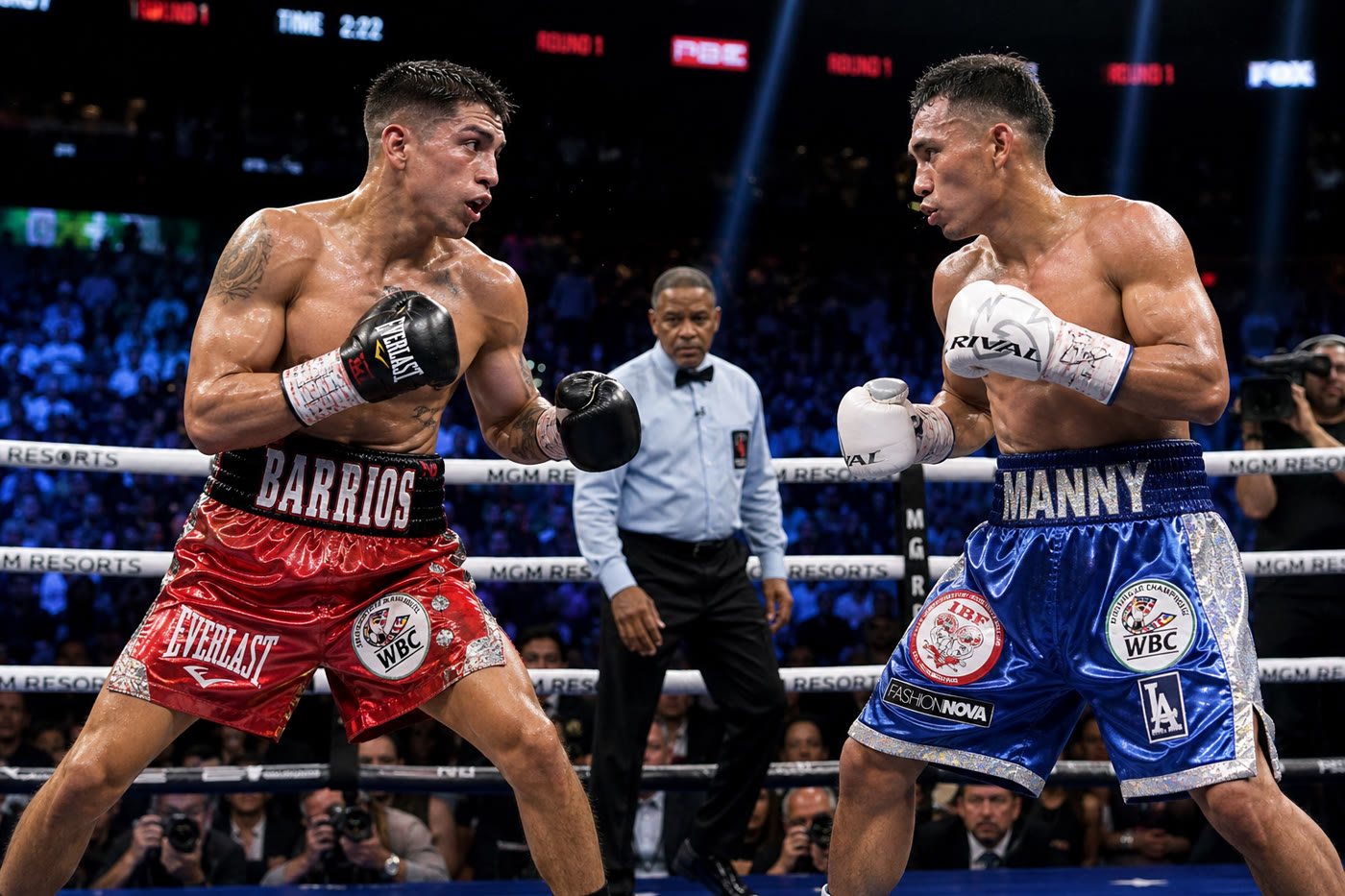 Two welterweight boxers facing off under bright arena lights during a championship fight