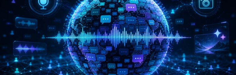 Conceptual illustration of an AI assistant reaching one billion users, glowing globe made of chat bubbles and voice waveforms