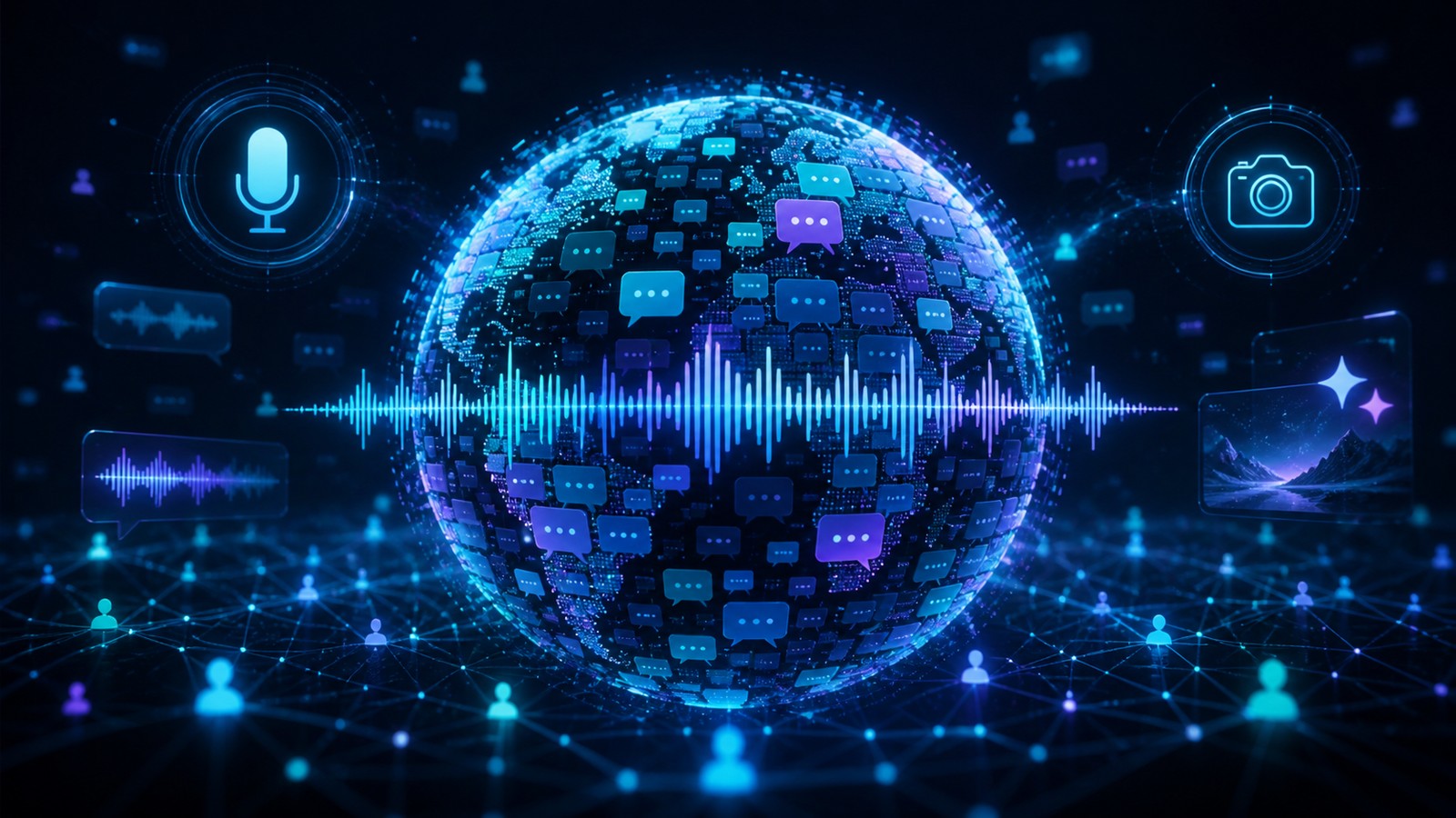 Conceptual illustration of an AI assistant reaching one billion users, glowing globe made of chat bubbles and voice waveforms