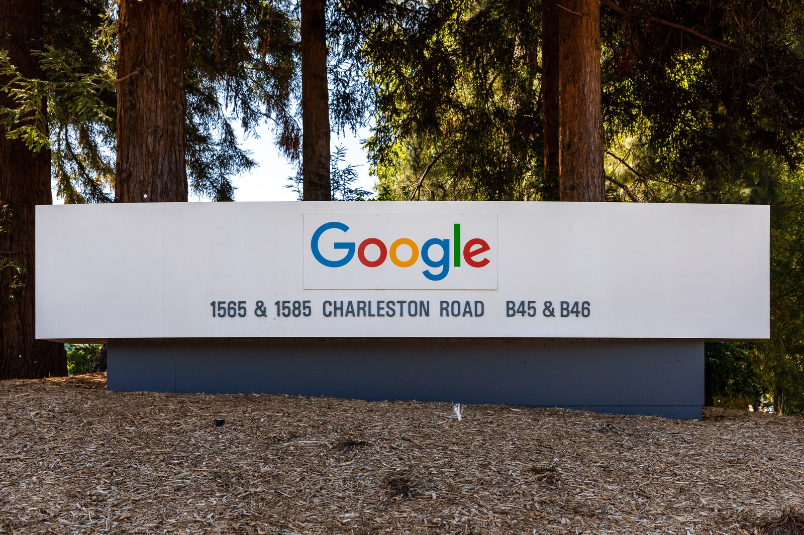 Google company sign at the Googleplex in Mountain View, California