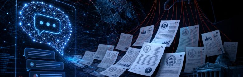 Conceptual illustration of a fake think tank feeding documents into an AI chatbot interface