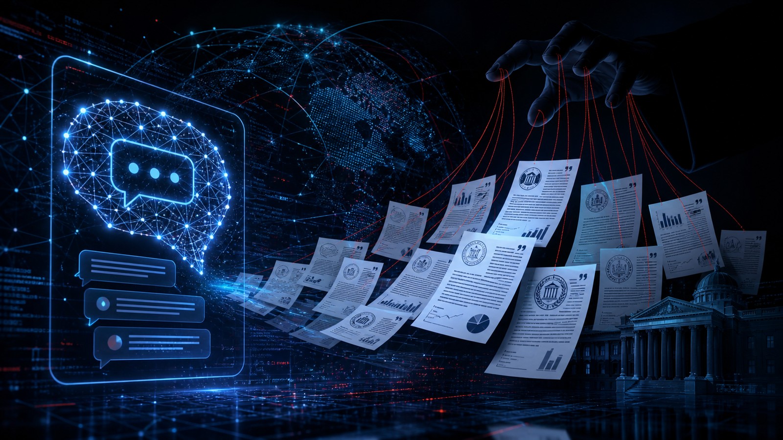 Fake think tank feeding documents into an AI chatbot interface
