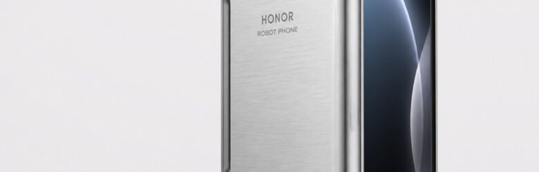 HONOR Robot Phone with its silver titanium gimbal camera arm extended from the top of the chassis
