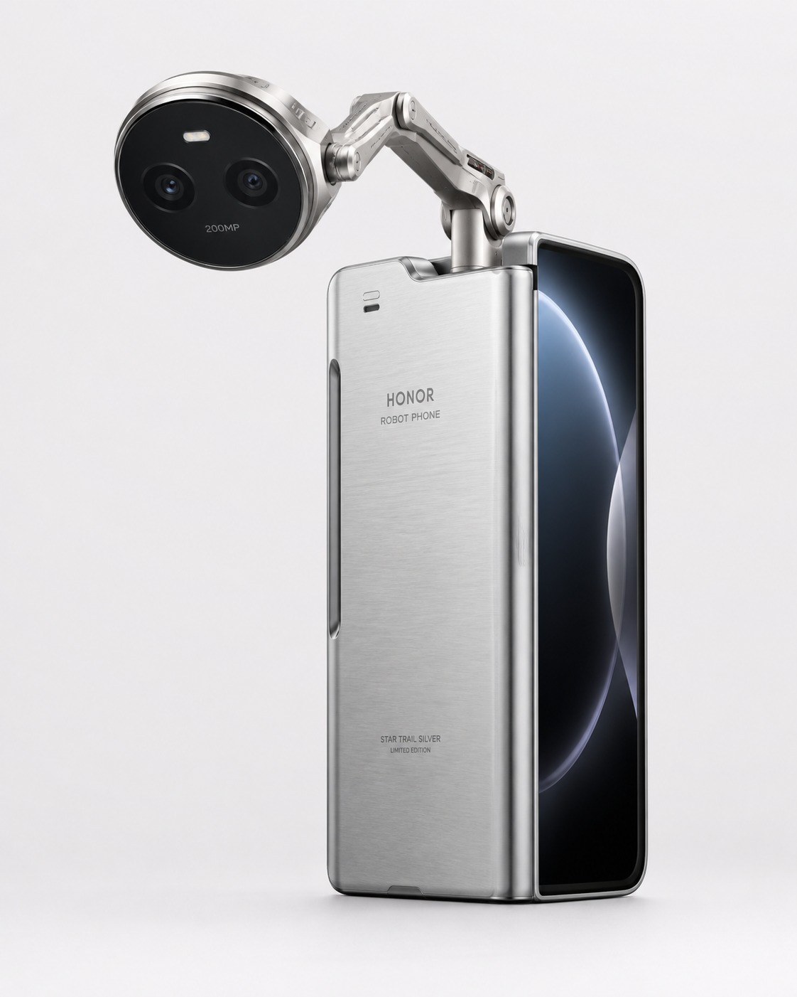 HONOR Robot Phone with its silver titanium gimbal camera arm extended from the top of the chassis