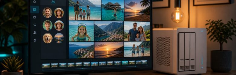AI-generated illustration of a self-hosted photo and video management app on a monitor beside a home server tower