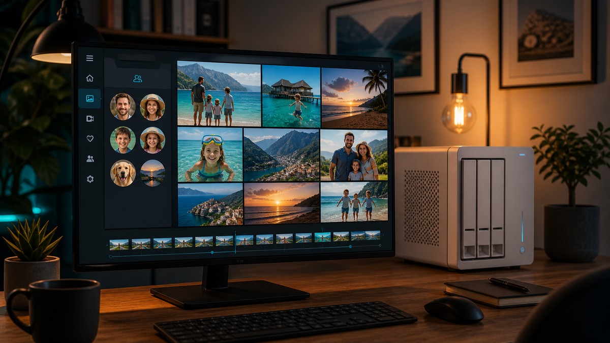 A self-hosted photo and video management app shown on a monitor beside a private home server tower