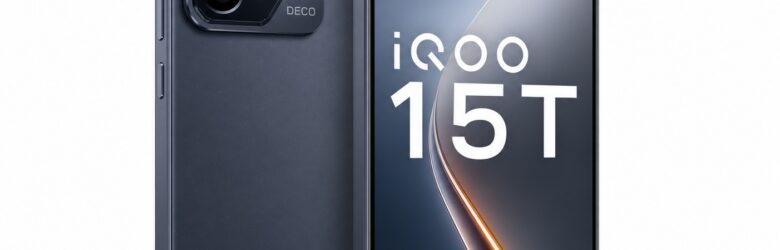 iQOO 15T smartphone in Qingyun dark blue-grey with dual camera module, AI-generated product shot