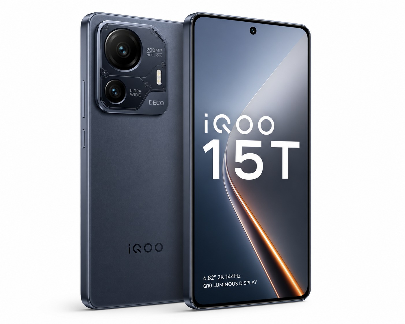 iQOO 15T smartphone in Qingyun dark blue-grey with dual camera module, AI-generated product shot