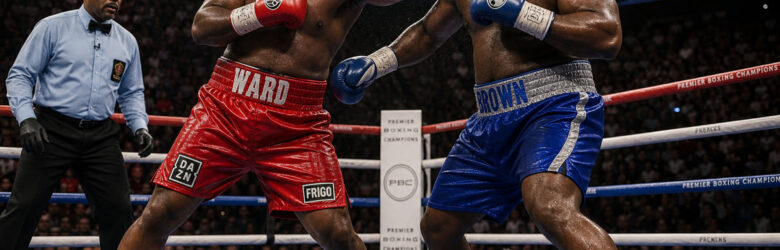 Two heavyweight boxers trading punches in the ring under bright fight-night lights