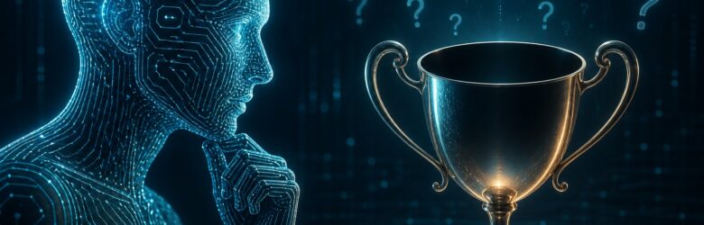 Conceptual illustration of a glowing circuit brain facing a hollow trophy and question marks, representing the debate over what AGI means