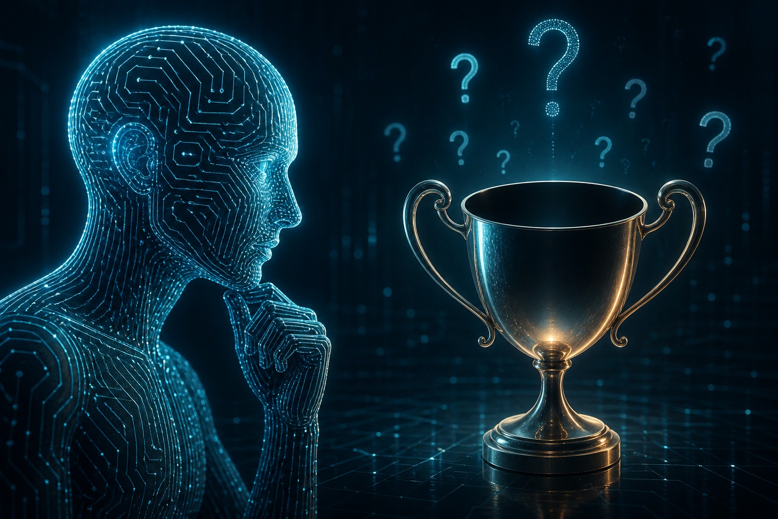 Conceptual illustration of a glowing circuit brain facing a hollow trophy and question marks, representing the debate over what AGI means