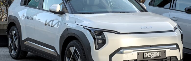 Kia EV3 compact electric crossover displayed at an auto show