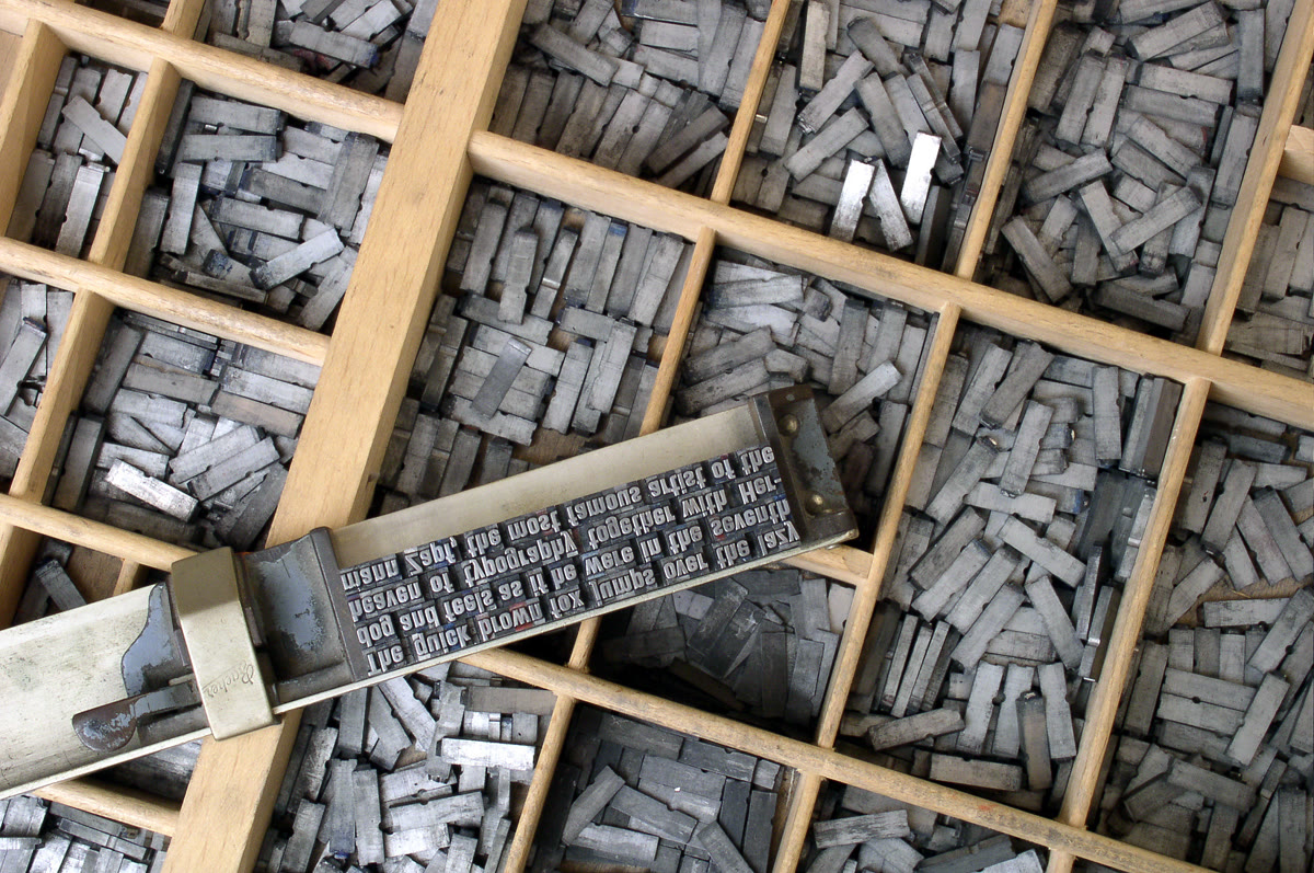 Close-up of metal movable type letters on a letterpress case, illustrating typography and the CSS ch character-width unit