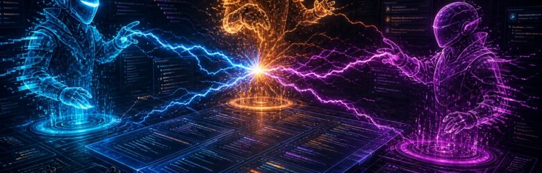 Conceptual illustration of three glowing AI agent entities clashing over a shared software codebase