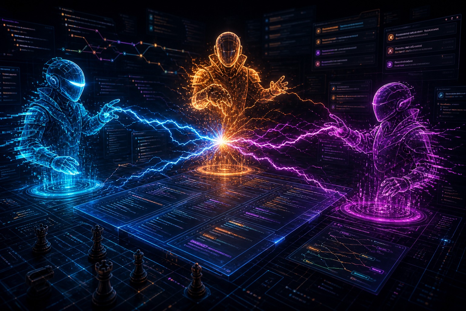 Conceptual illustration of three glowing AI agent entities clashing over a shared software codebase