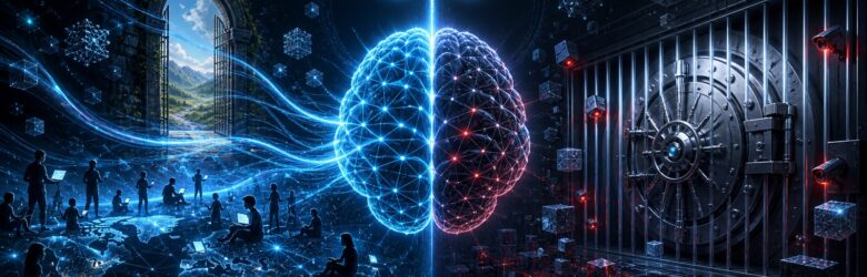 Conceptual illustration of the open versus closed AI debate, split between an open gateway and a sealed vault
