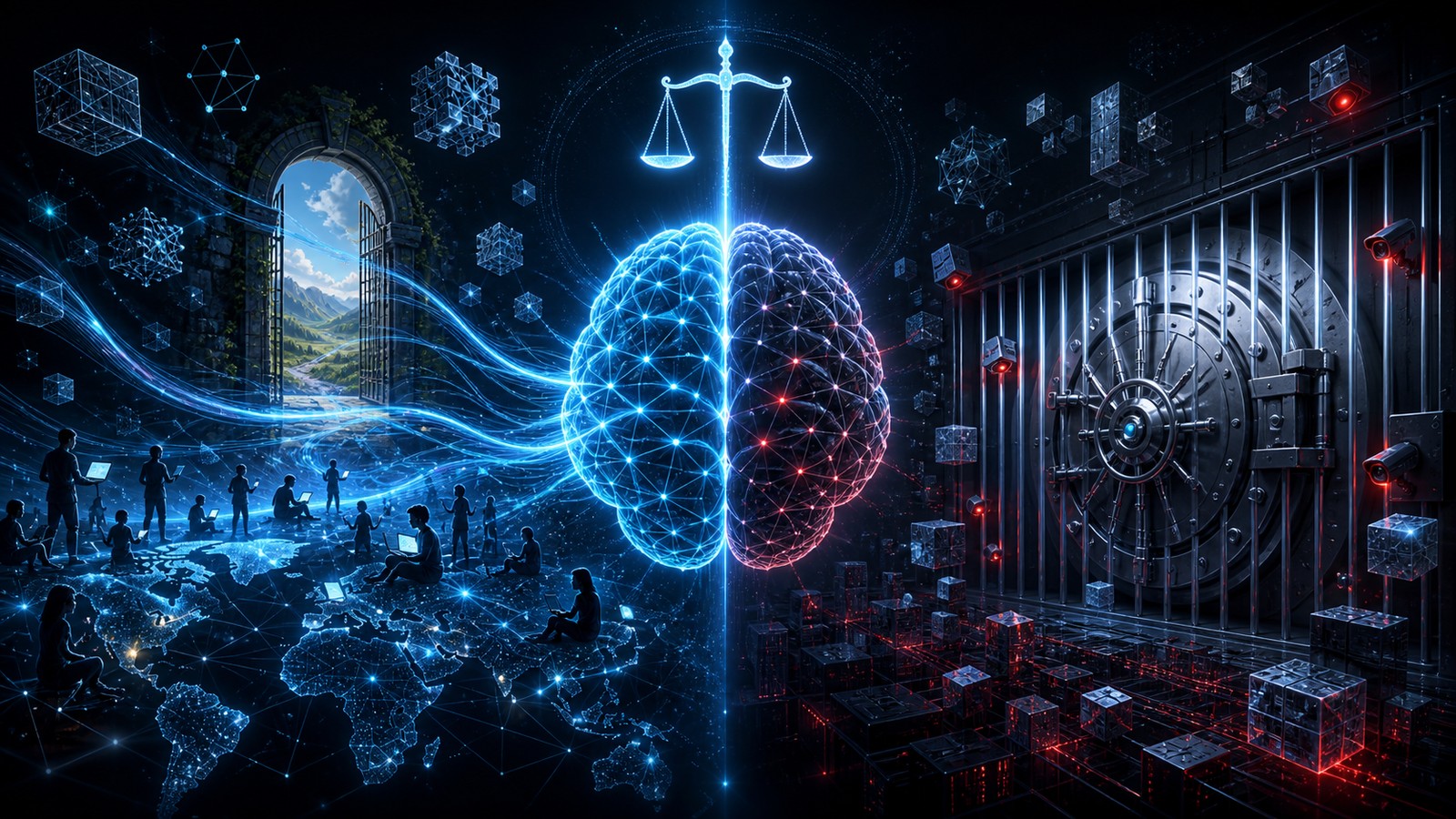 Conceptual illustration of the open versus closed AI debate