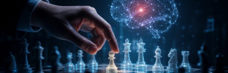 Human hand hovering over a chessboard with a holographic neural-network brain, representing OpenAI's deliberate decision to slow AI development