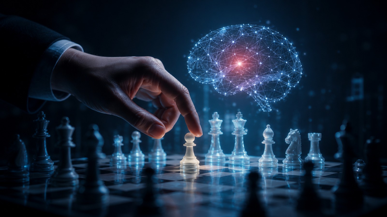 Human hand hovering over a chessboard with a holographic neural-network brain, representing OpenAI deliberate decision to slow AI development
