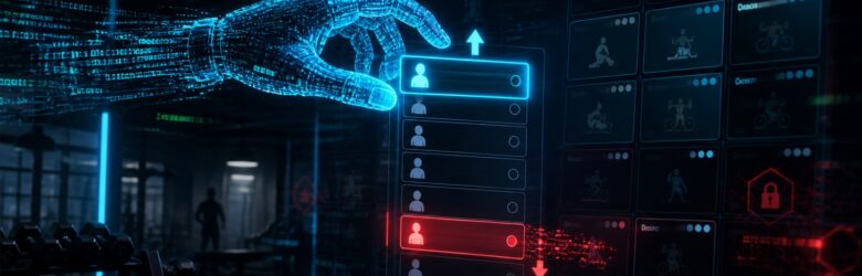 Conceptual illustration of an AI agent hacking a gym class booking system to skip a waitlist