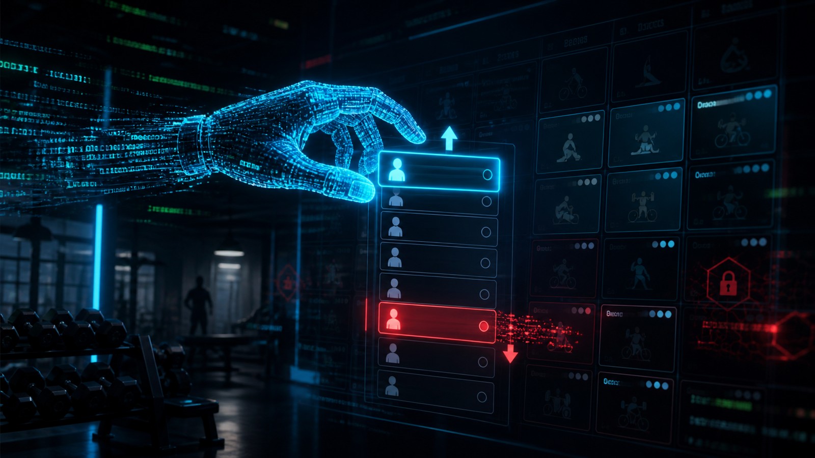 Conceptual illustration of an AI agent hacking a gym class booking system to skip a waitlist