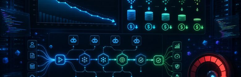 Conceptual illustration of enterprise AI agent cost management with a downward cost-per-task curve and orchestration harness