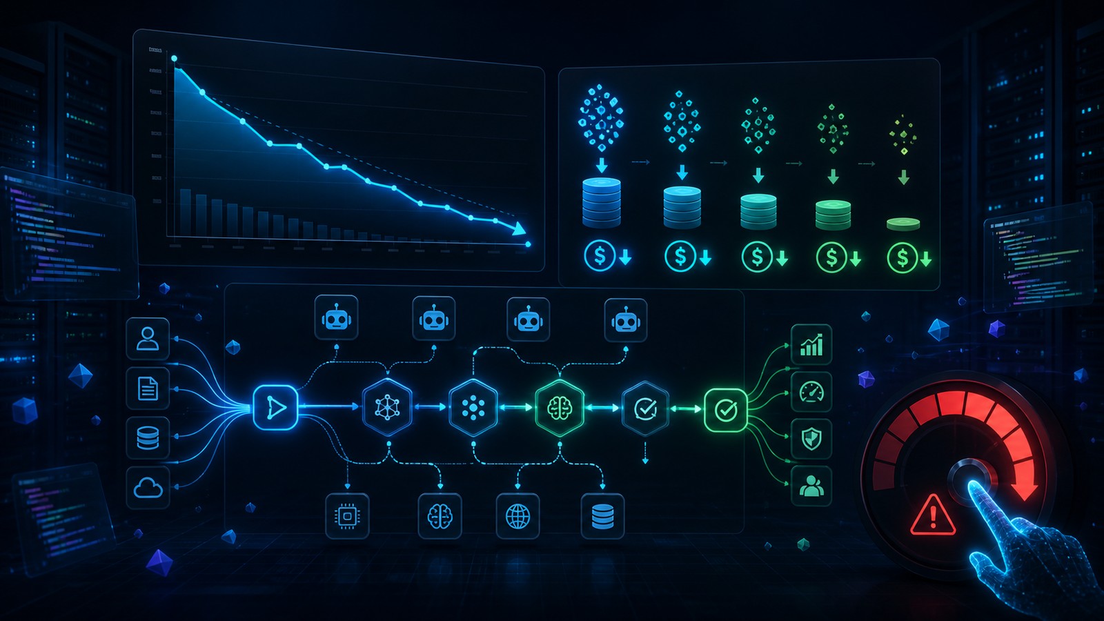 Conceptual illustration of enterprise AI agent cost management with a downward cost-per-task curve