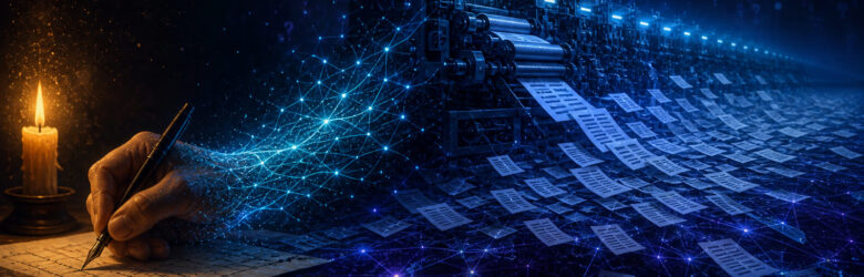 Conceptual illustration of AI-generated content flooding the web, a human writer dissolving into a machine that prints endless near-identical text pages