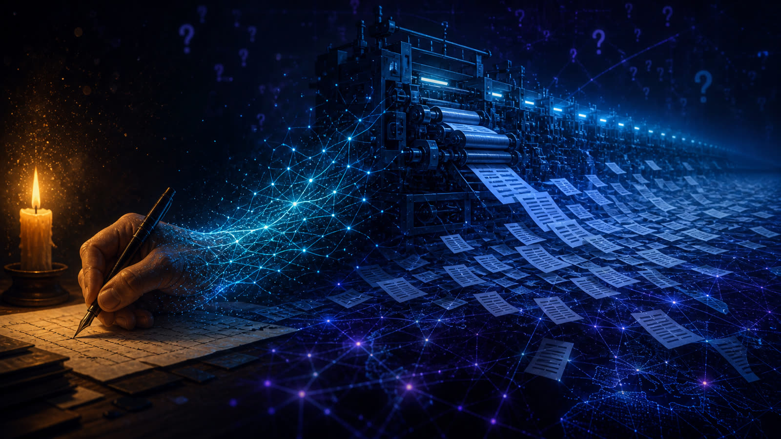 Conceptual illustration of AI-generated content flooding the web, a human writer dissolving into a machine that prints endless near-identical text pages