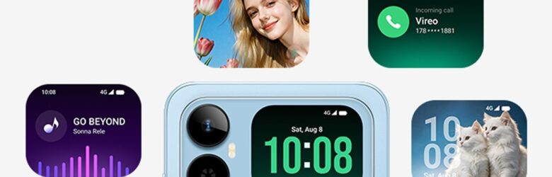 HONOR Play20A with its 2-inch Smart Rear Display showing the time, incoming calls and music controls on the camera module