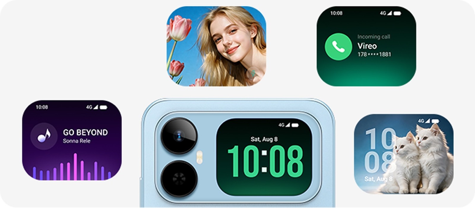HONOR Play20A with its 2-inch Smart Rear Display showing the time, incoming calls and music controls on the camera module