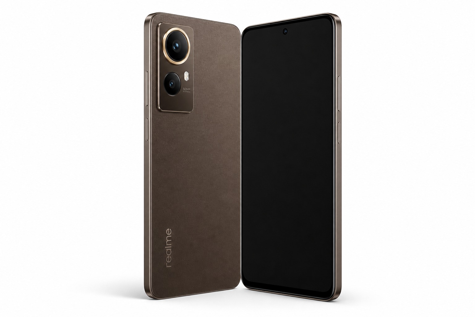 Realme 16x 5G in Endurance Brown with dual camera and ring flash