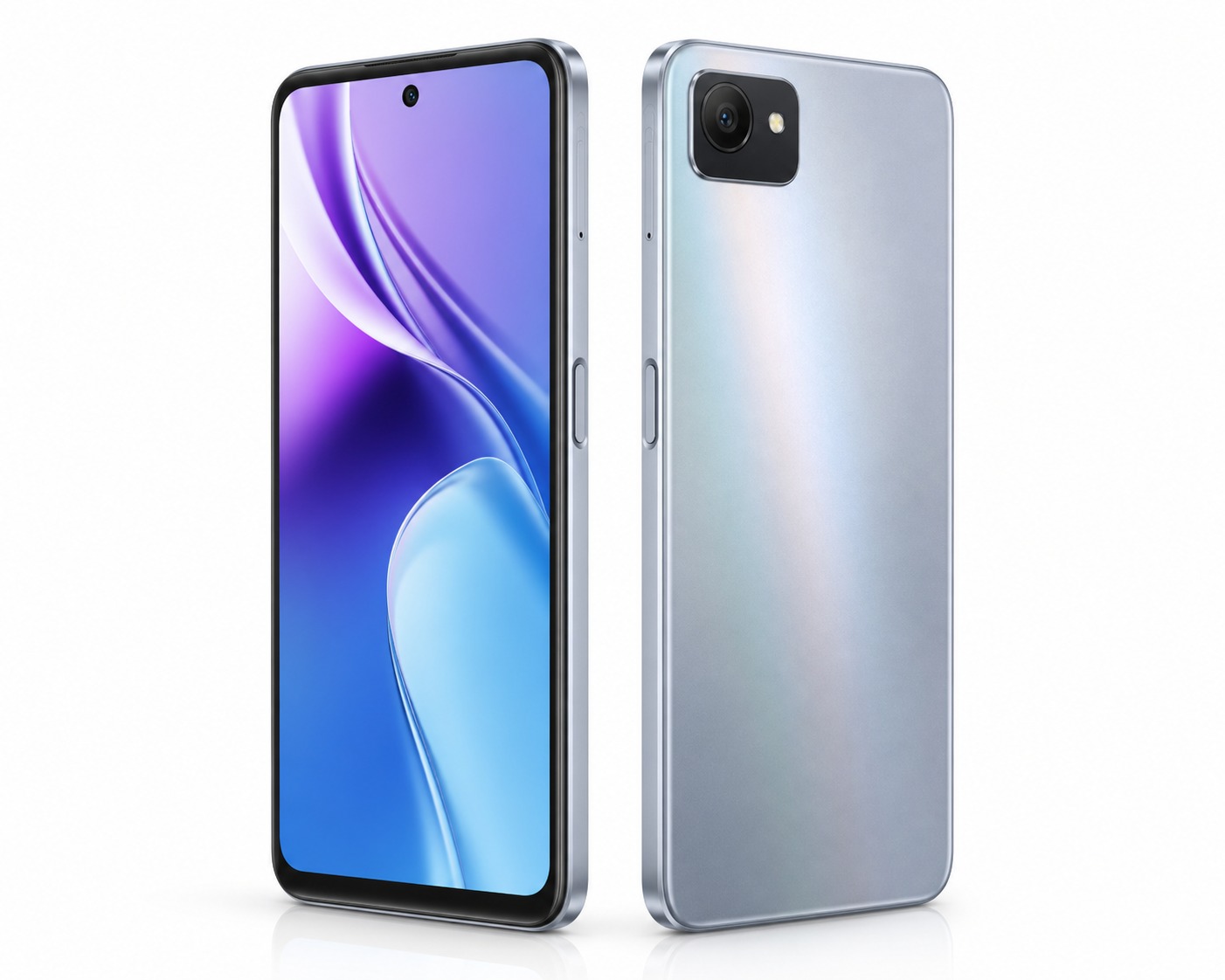 Realme C100i 4G smartphone in Skyline Silver showing the square camera module with a single 8MP lens and LED flash