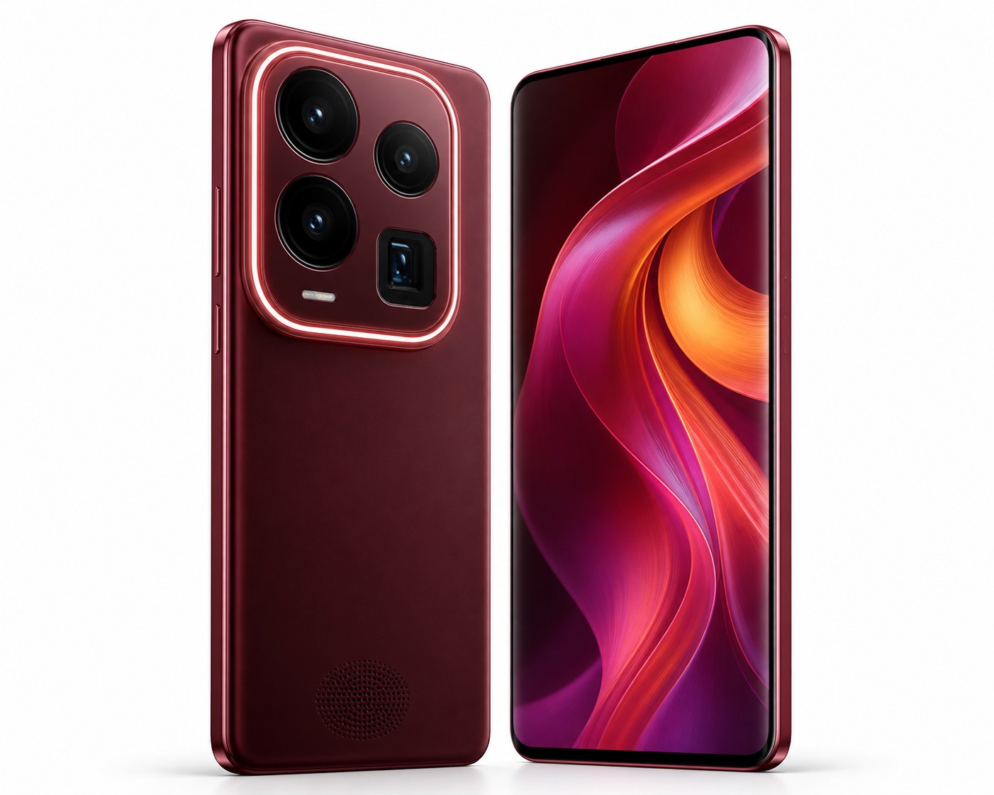 Redmi K100 Pro Max smartphone in Cabernet Red with triple camera and periscope lens