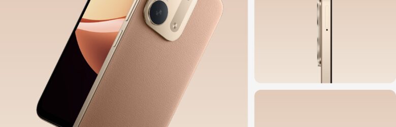 Redmi 17C 5G smartphone in brown vegan leather finish showing its floating crater camera module